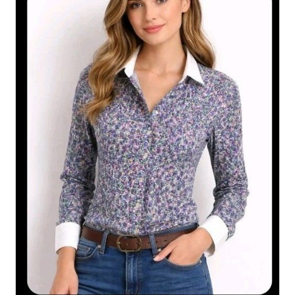 Beluva San Francisco Women's Button Long Sleeve Blouse L Pleated Crinkled Mosaic